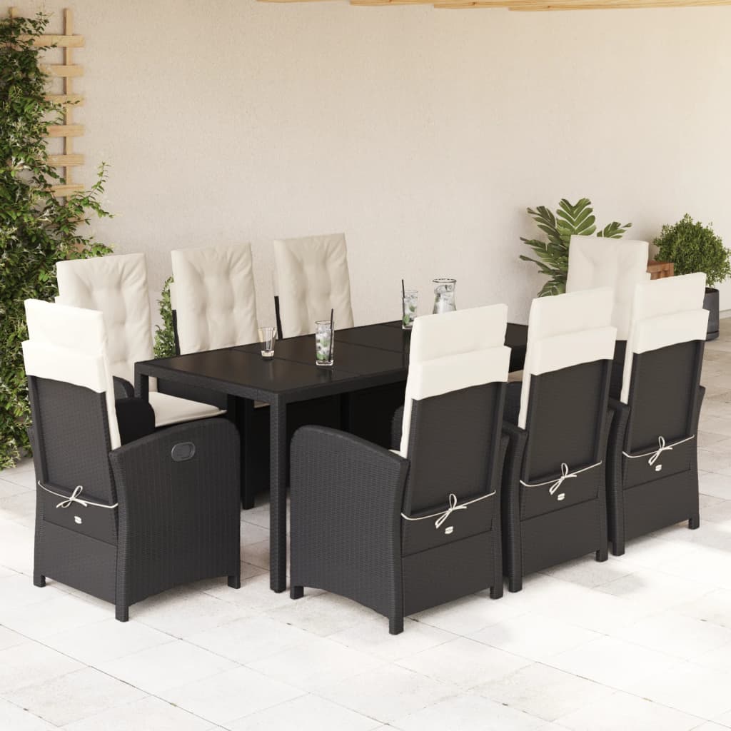 Vetonek Set de comedor de jardín 9 pzas y cojines ratán sintético negro