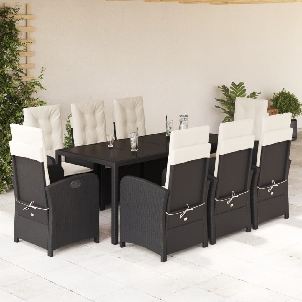 Vetonek Set de comedor de jardín 9 pzas y cojines ratán sintético negro