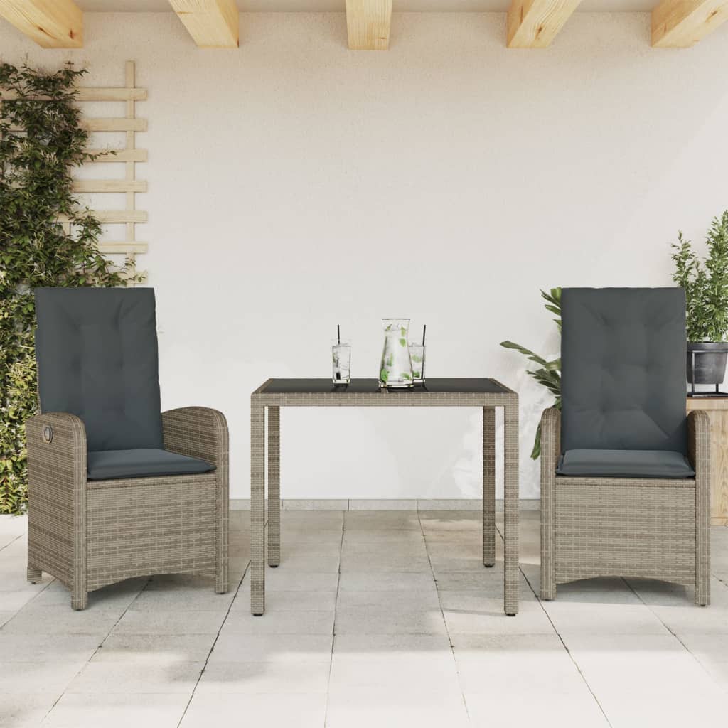 Vetonek Set comedor de jardín 3 piezas con cojines ratán sintético gris