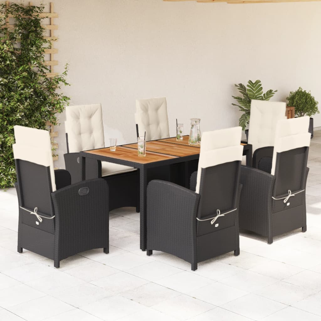 Vetonek Set de comedor de jardín 7 pzas y cojines ratán sintético negro