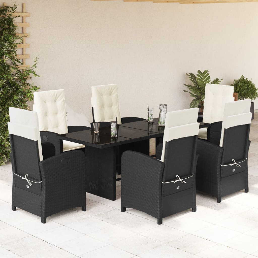 Vetonek Set de comedor de jardín 7 pzas y cojines ratán sintético negro