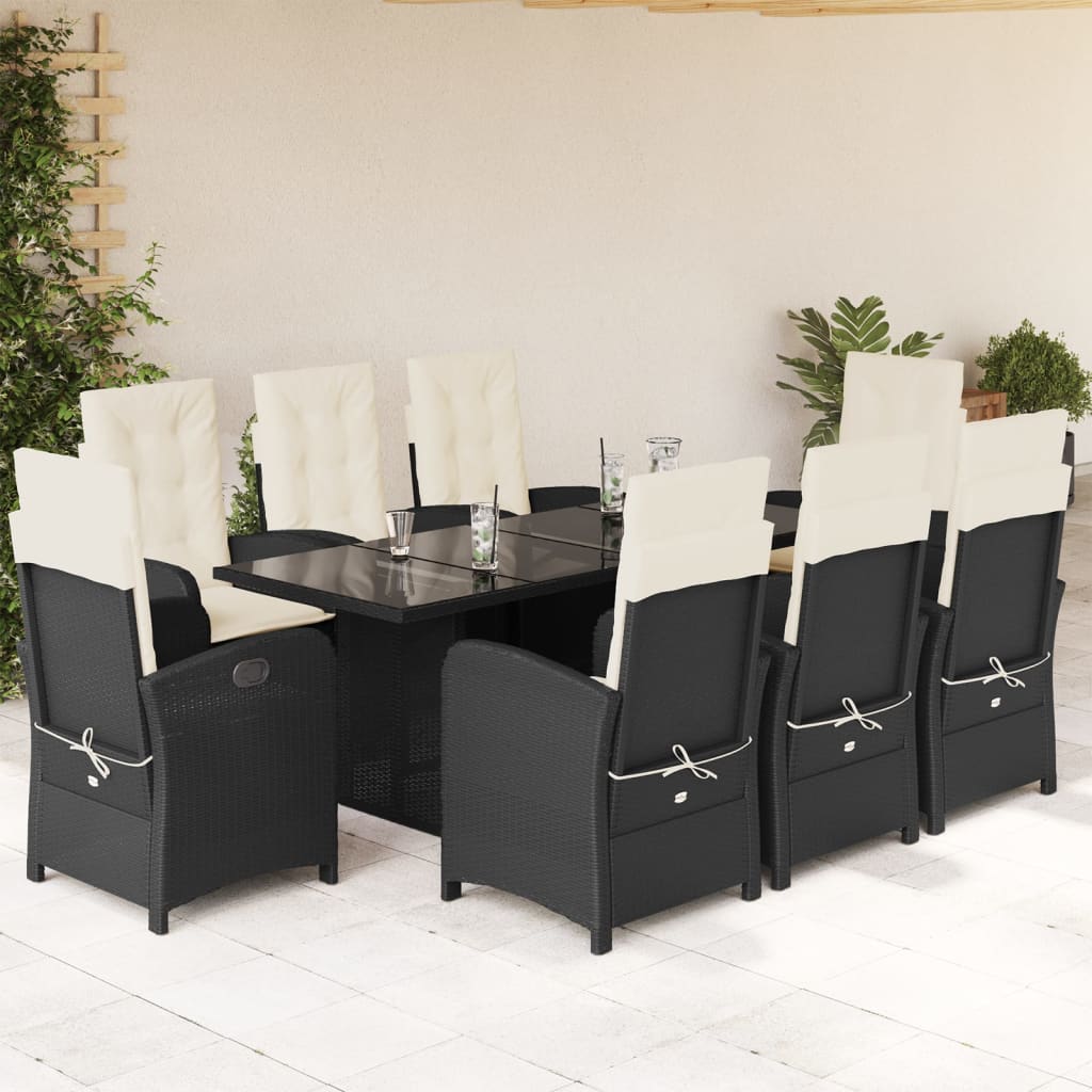 Vetonek Set de comedor de jardín 9 pzas y cojines ratán sintético negro