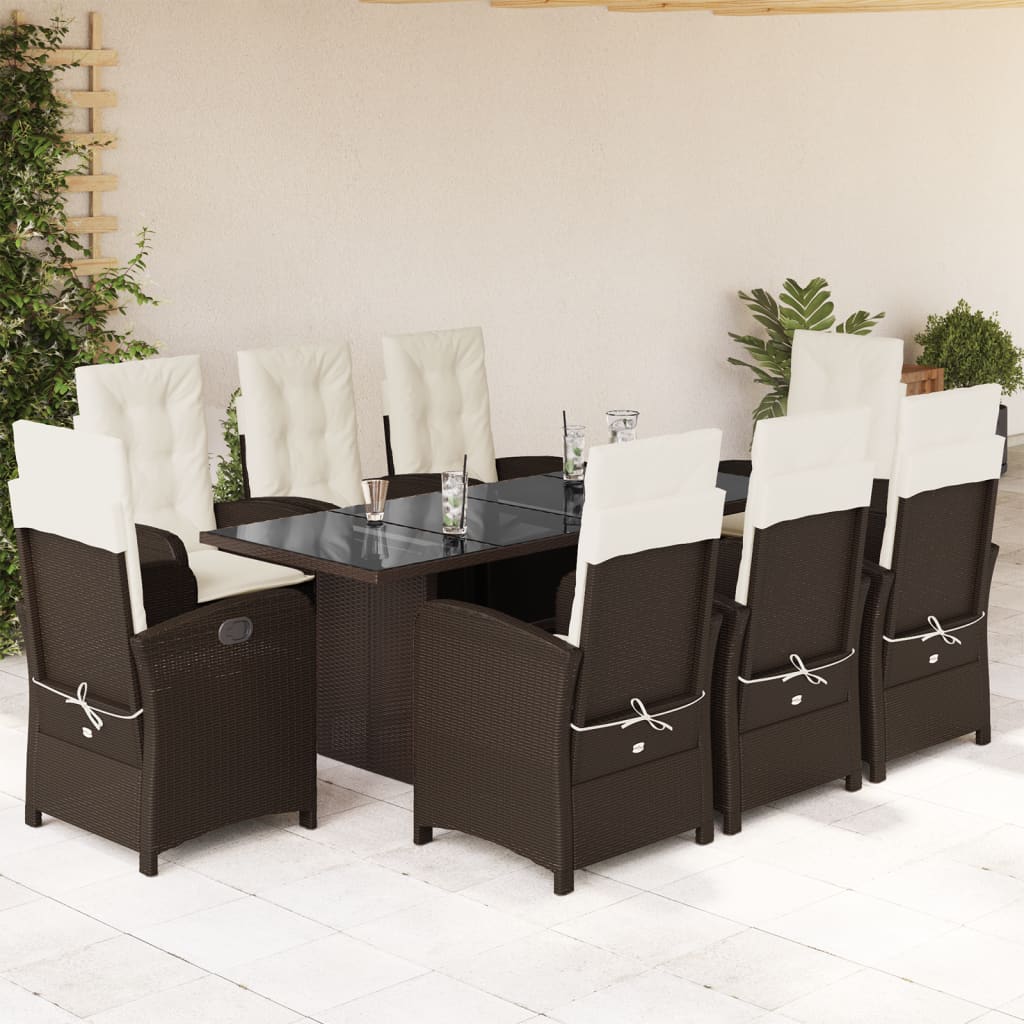 Vetonek Set comedor para jardín 9 pzas y cojines ratán sintético marrón