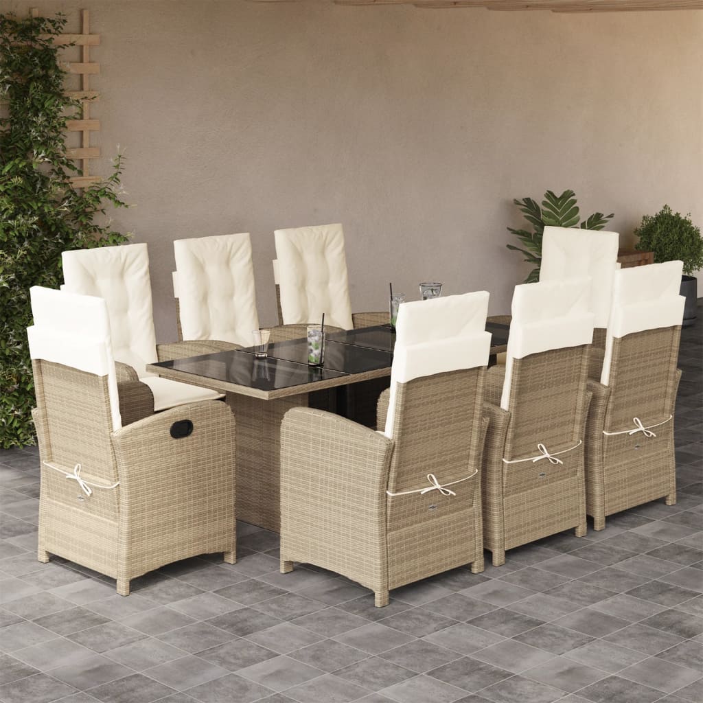 Vetonek Set comedor de jardín 9 pzas con cojines ratán sintético beige