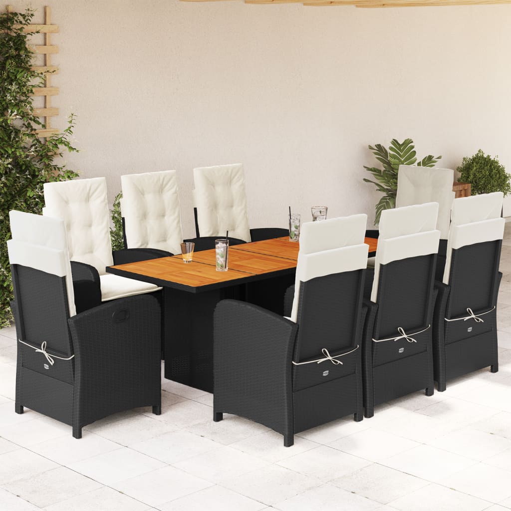 Vetonek Set de comedor de jardín 9 pzas y cojines ratán sintético negro