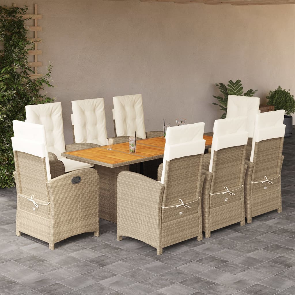 Vetonek Set comedor de jardín 9 pzas con cojines ratán sintético beige