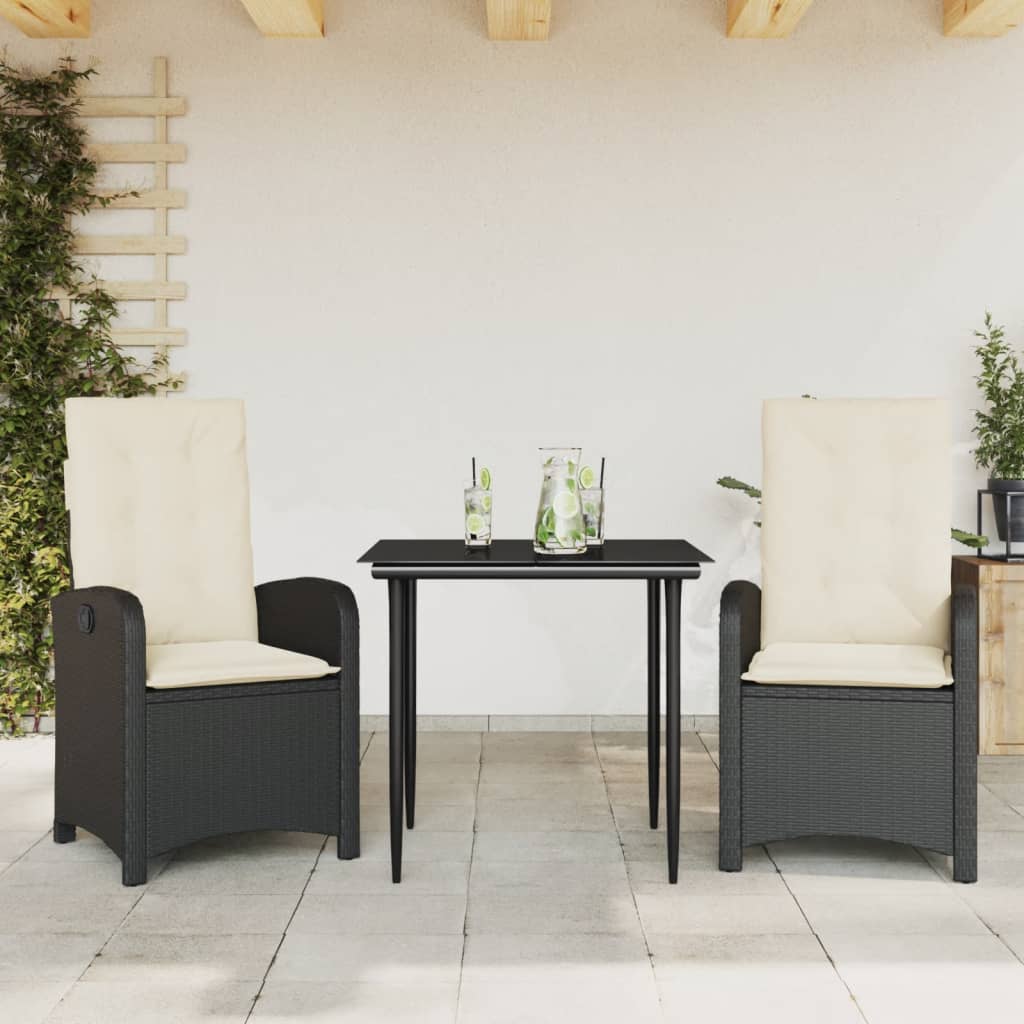 Vetonek Set comedor de jardín 3 pzas con cojines ratán sintético negro