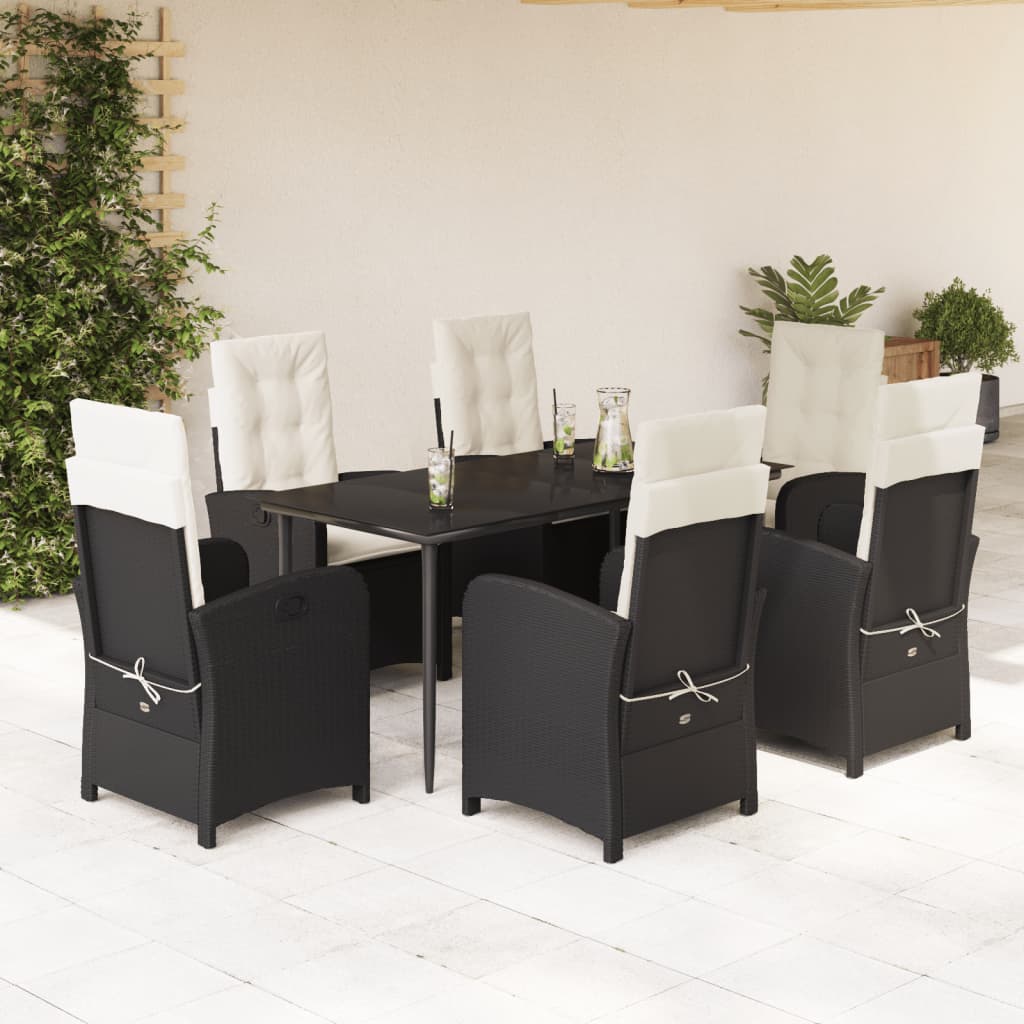 Vetonek Set de comedor de jardín 7 pzas y cojines ratán sintético negro