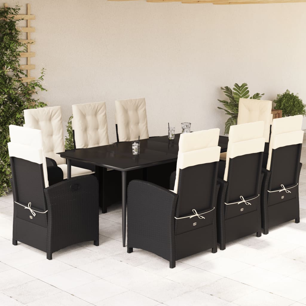 Vetonek Set de comedor de jardín 9 pzas y cojines ratán sintético negro