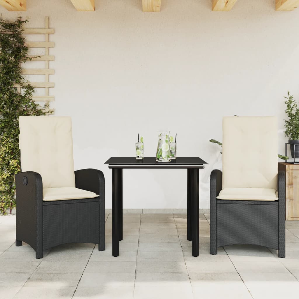 Vetonek Set comedor de jardín 3 pzas con cojines ratán sintético negro