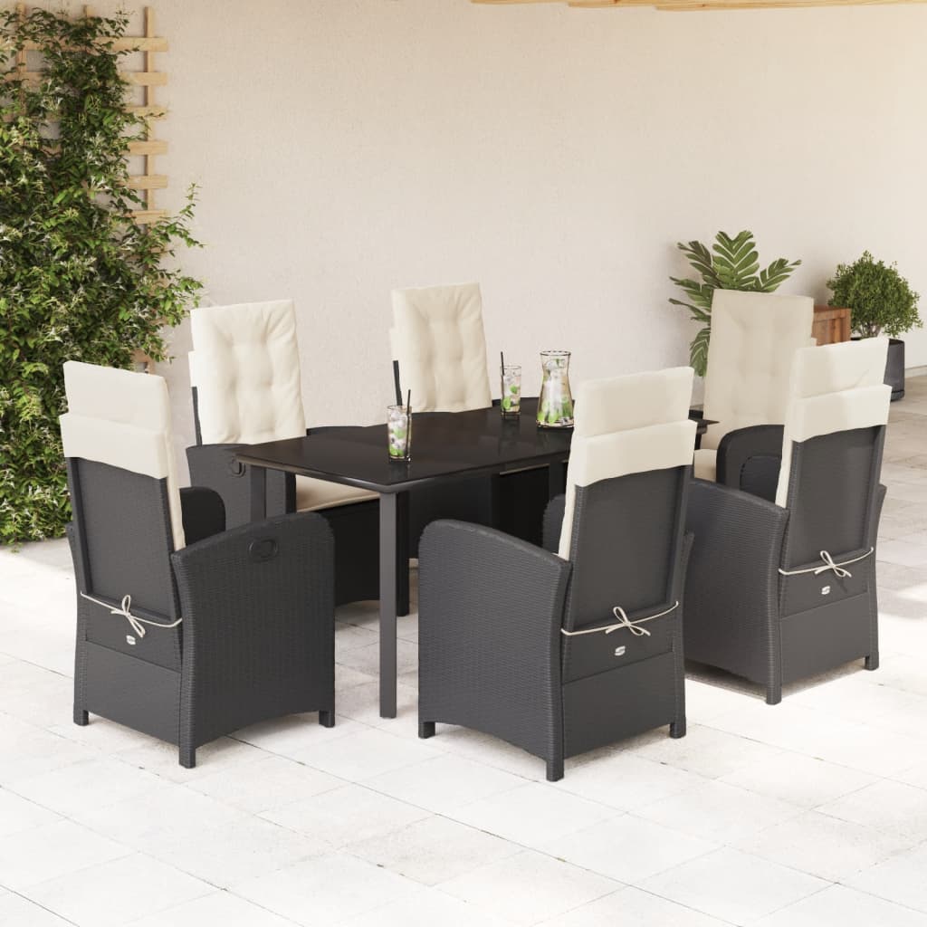 Vetonek Set de comedor de jardín 7 pzas y cojines ratán sintético negro