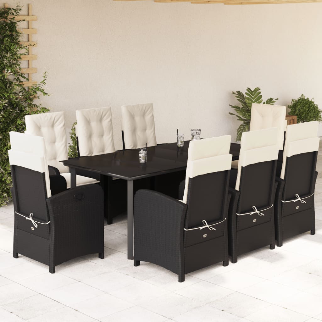 Vetonek Set de comedor de jardín 9 pzas y cojines ratán sintético negro