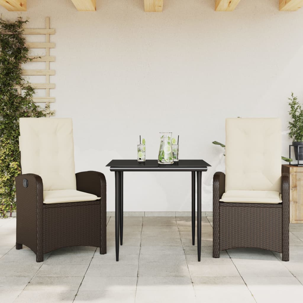 Vetonek Set comedor de jardín 3 piezas y cojines ratán sintético marrón