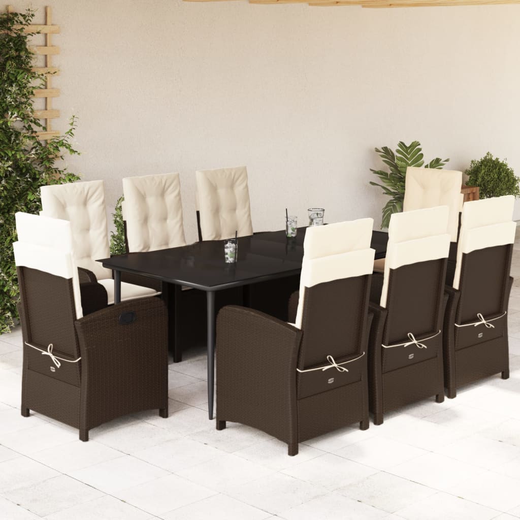 Vetonek Set comedor para jardín 9 pzas y cojines ratán sintético marrón