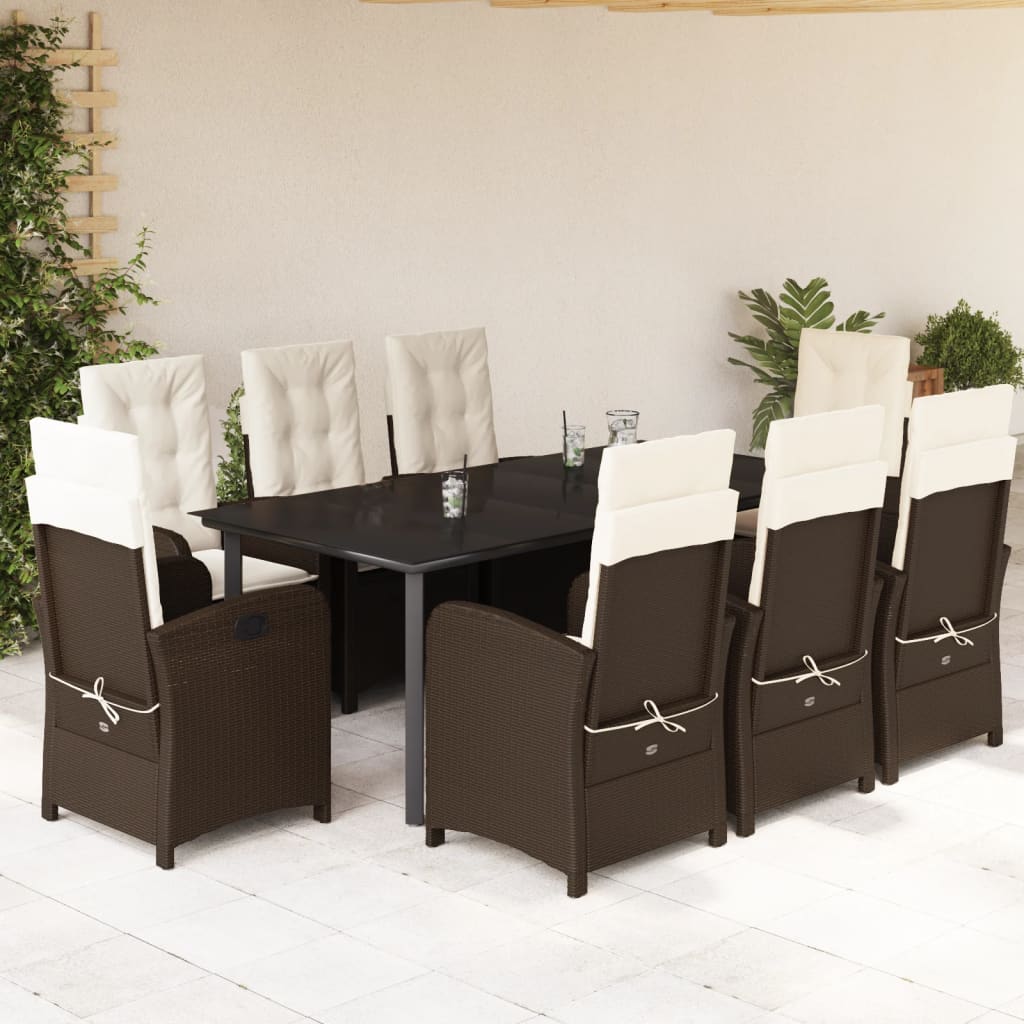 Vetonek Set comedor para jardín 9 pzas y cojines ratán sintético marrón