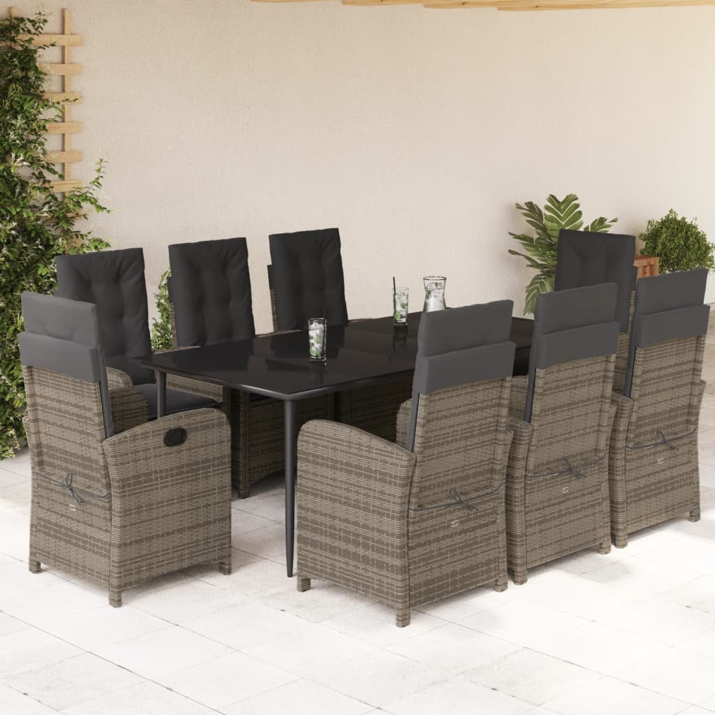 Vetonek Set comedor jardín 9 pzas y cojines ratán sintético gris