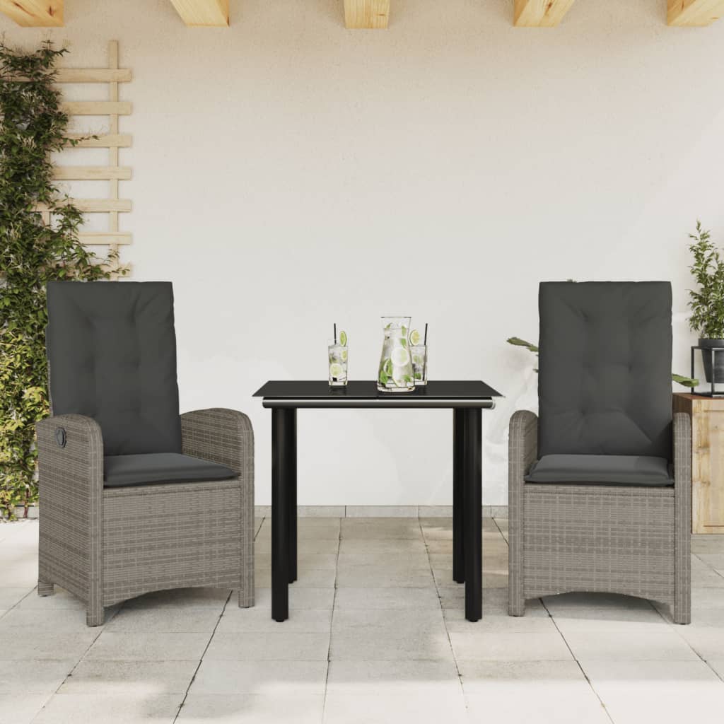 Vetonek Set comedor de jardín 3 piezas con cojines ratán sintético gris