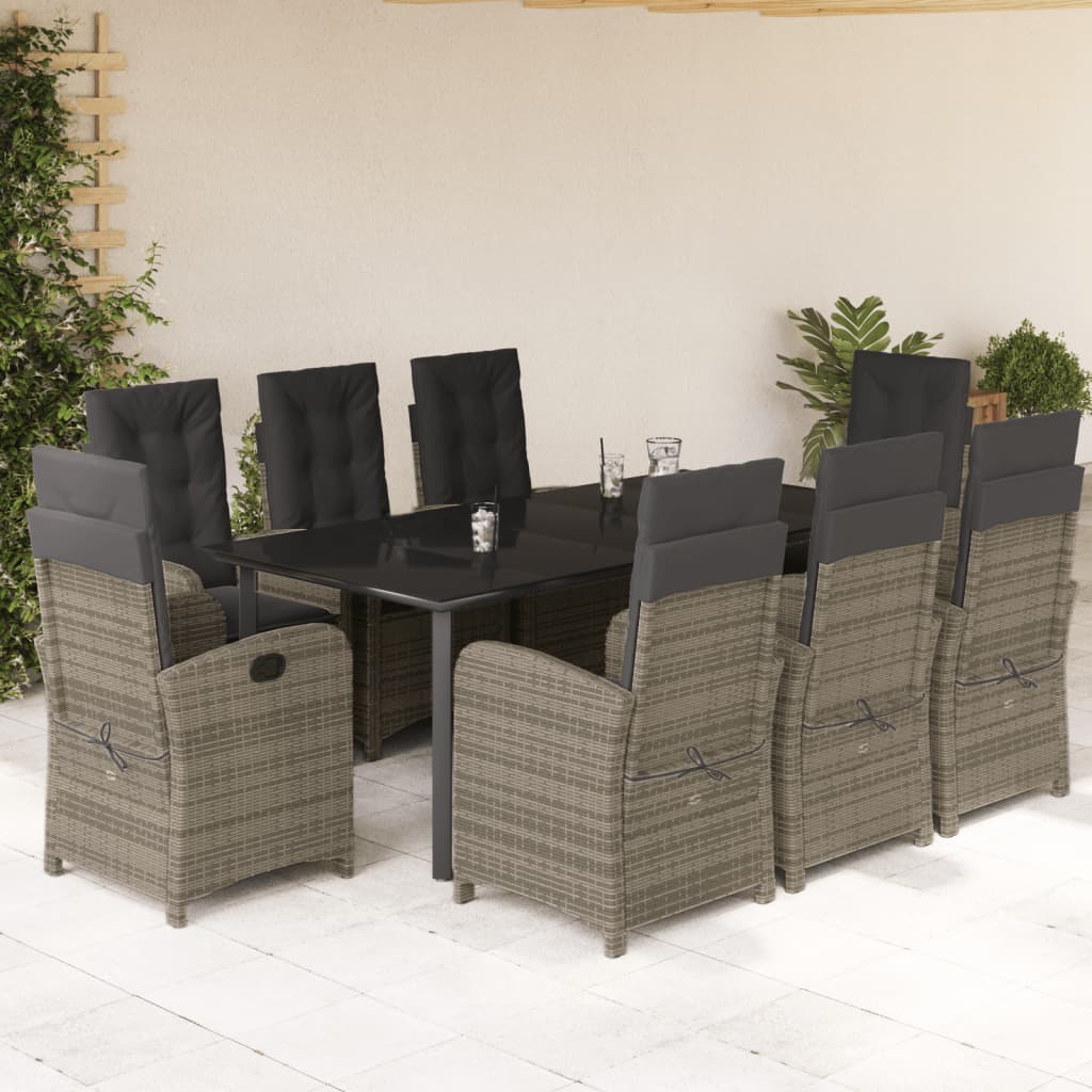 Vetonek Set comedor jardín 9 pzas y cojines ratán sintético gris