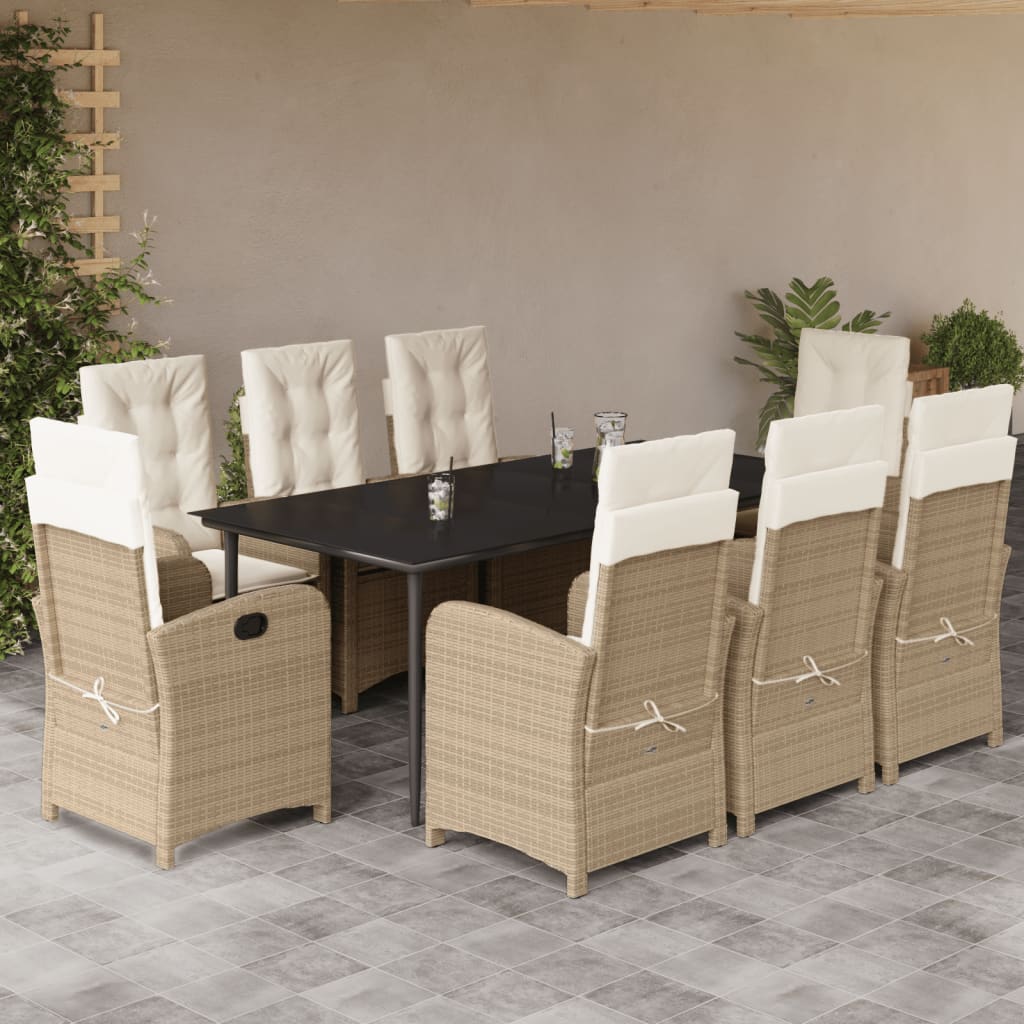 Vetonek Set comedor de jardín 9 pzas con cojines ratán sintético beige