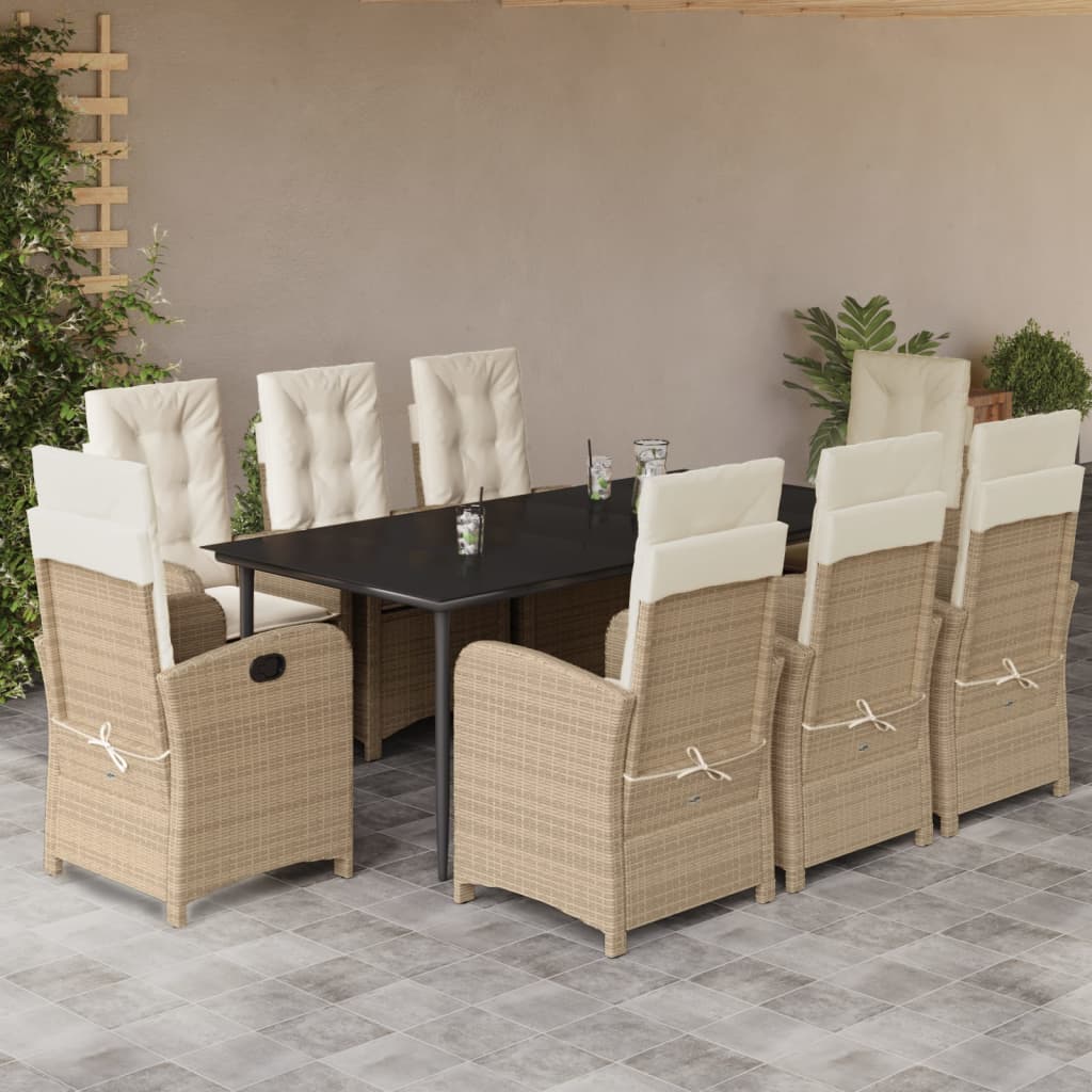 Vetonek Set comedor de jardín 9 pzas con cojines ratán sintético beige