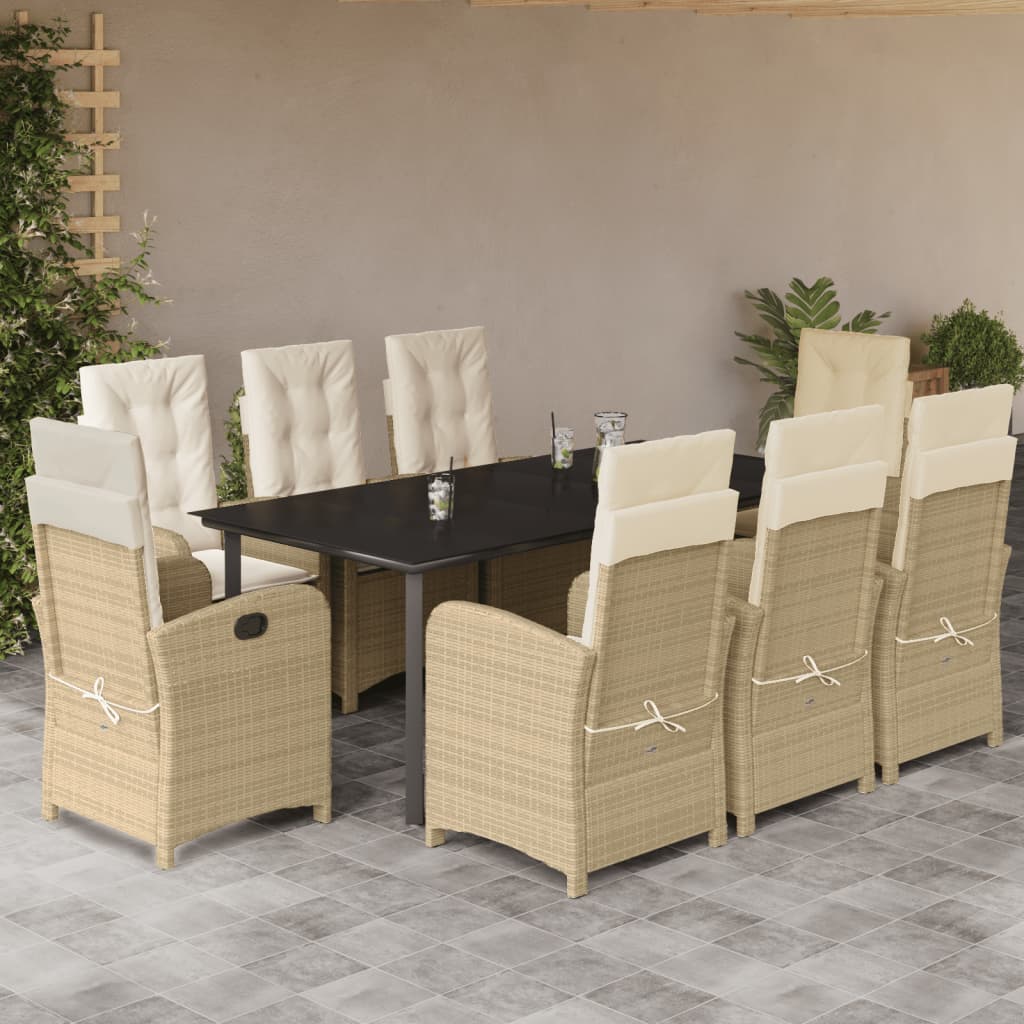 Vetonek Set comedor de jardín 9 pzas con cojines ratán sintético beige