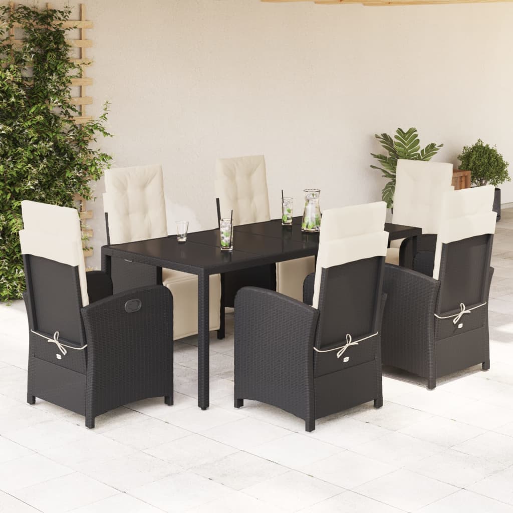 Vetonek Set de comedor de jardín 7 pzas y cojines ratán sintético negro