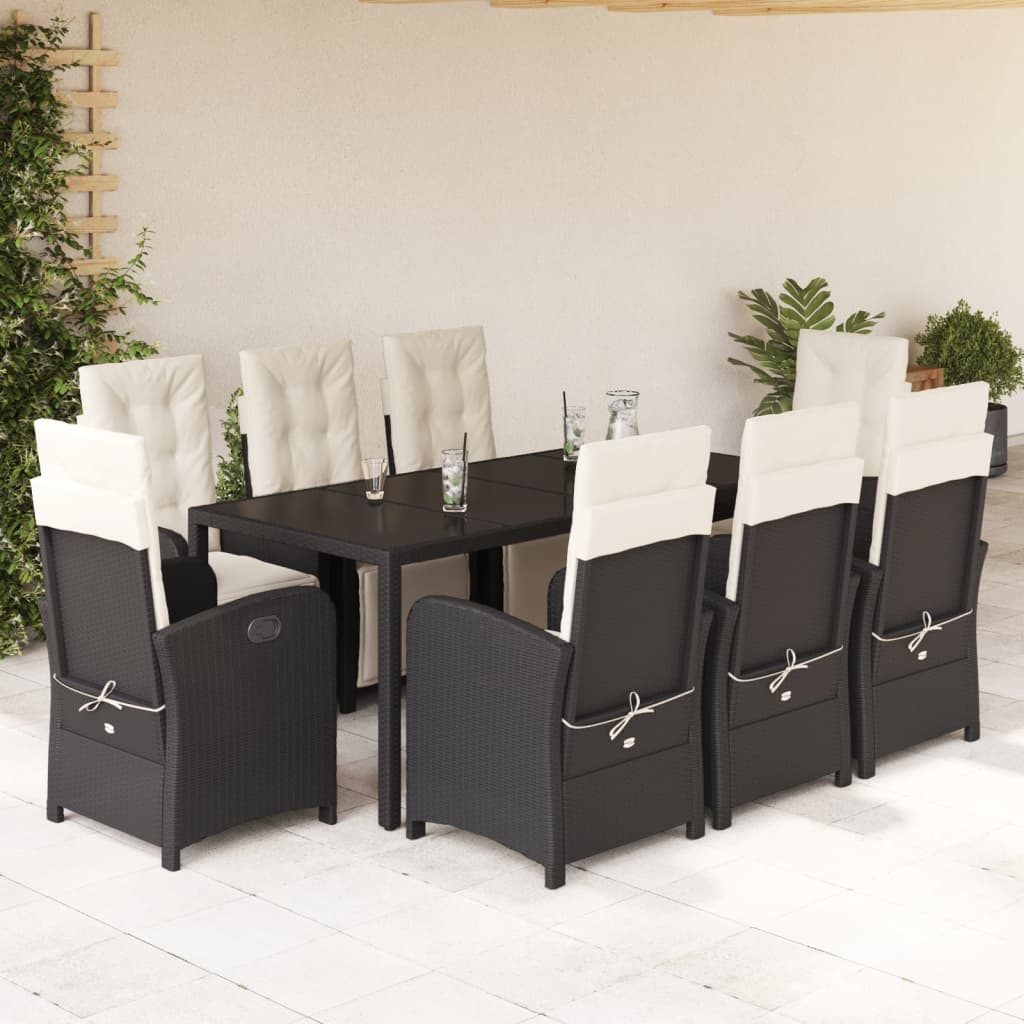 Vetonek Set de comedor de jardín 9 pzas y cojines ratán sintético negro