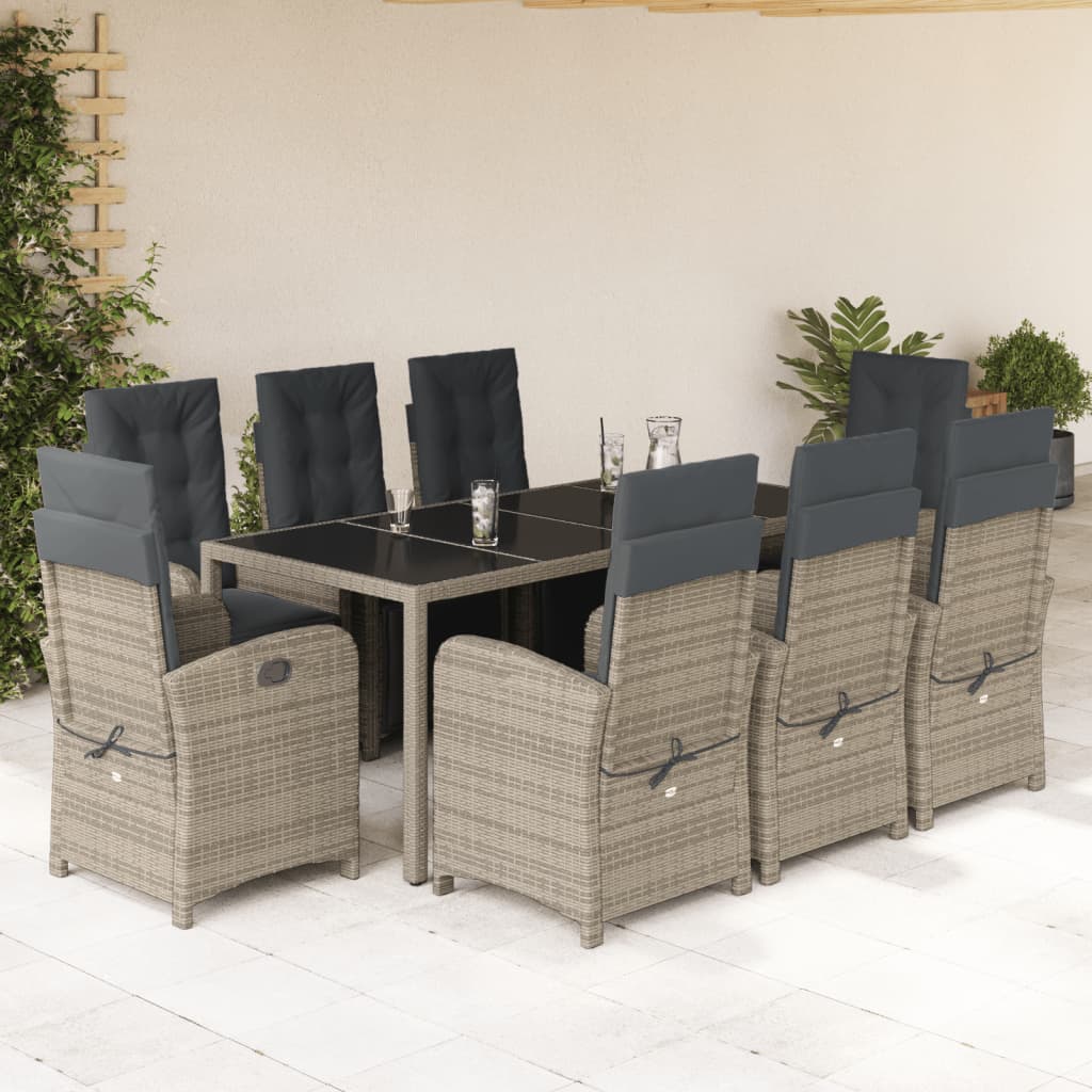 Set comedor jardín 9 pzas y cojines ratán sintético gris