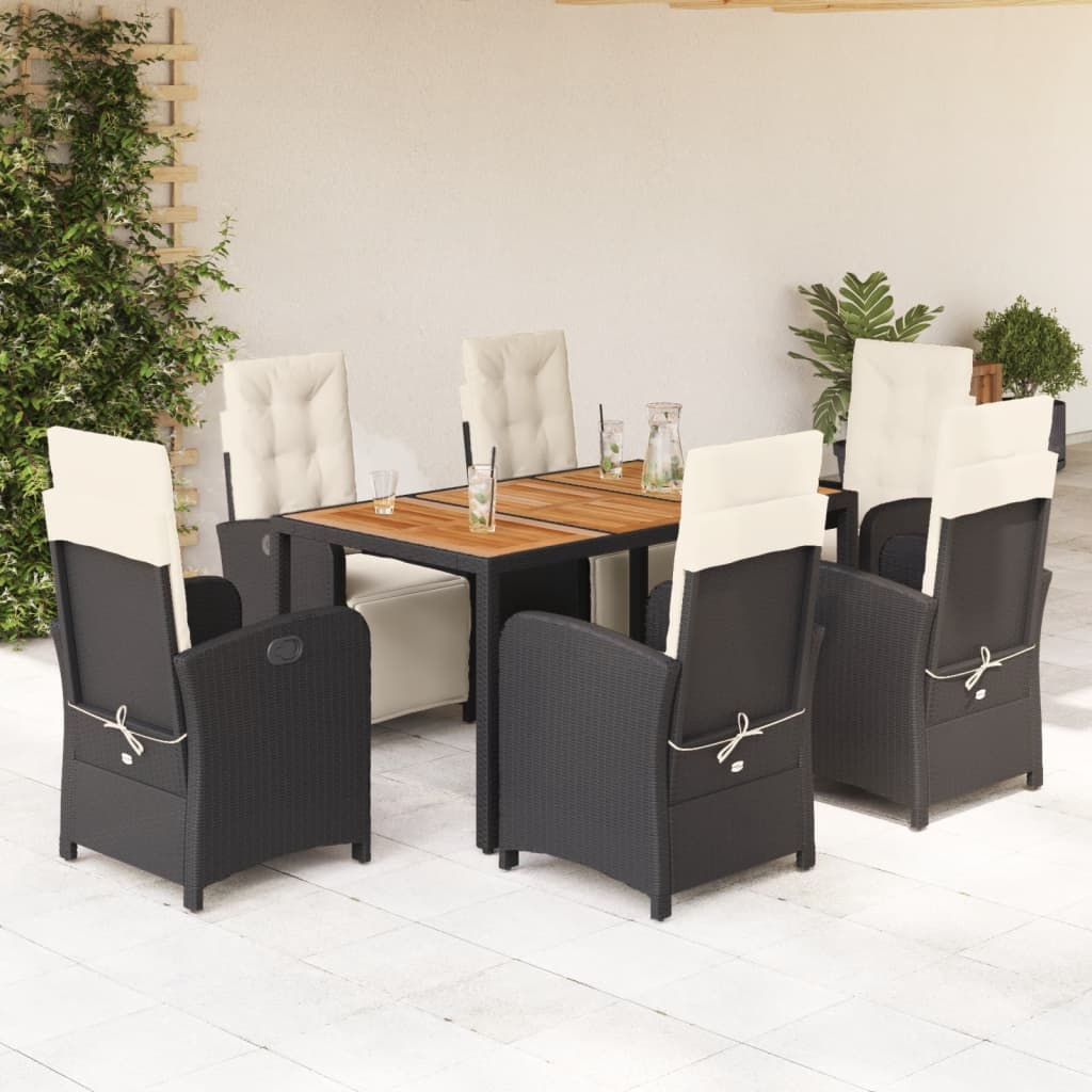 Vetonek Set de comedor de jardín 7 pzas y cojines ratán sintético negro