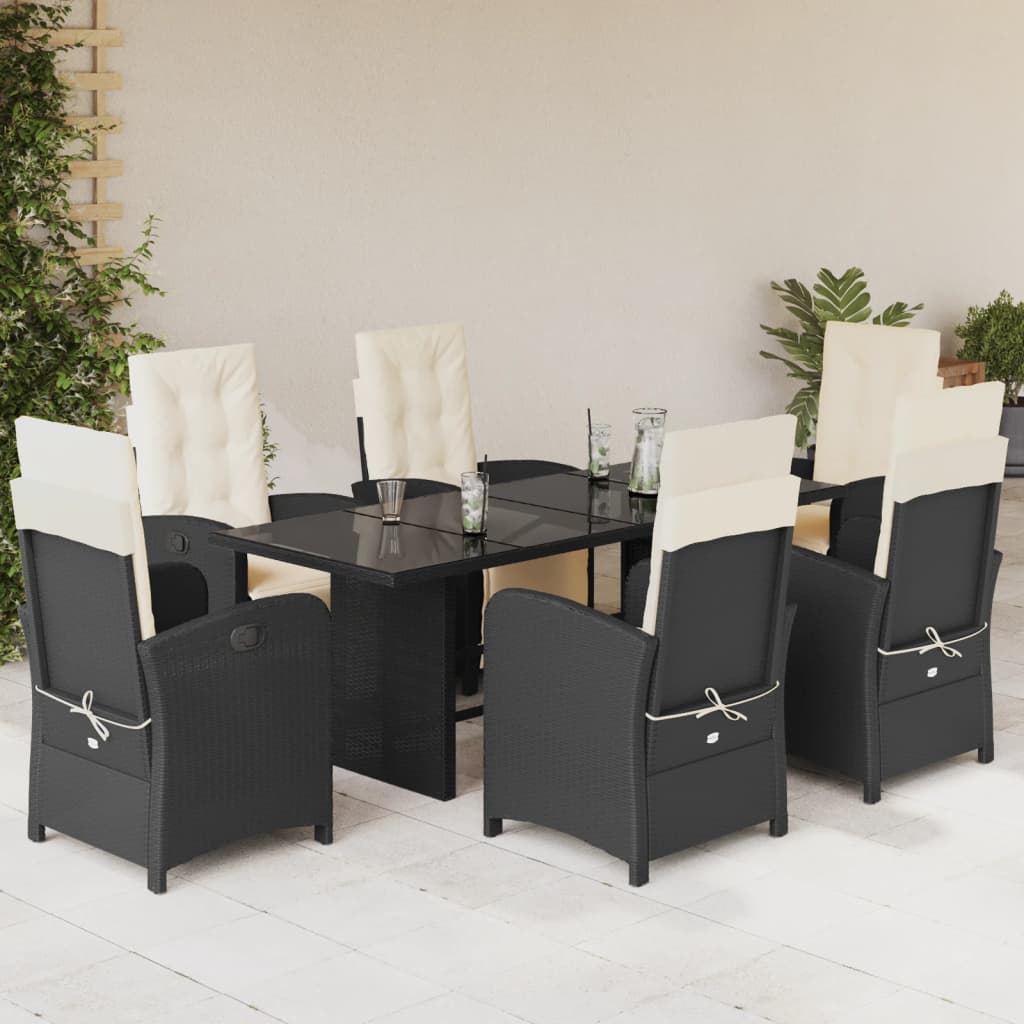 Vetonek Set de comedor de jardín 7 pzas y cojines ratán sintético negro