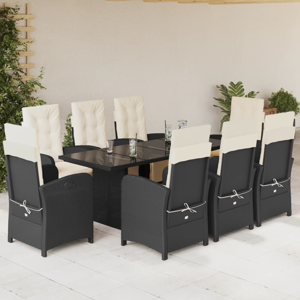 Vetonek Set de comedor de jardín 9 pzas y cojines ratán sintético negro