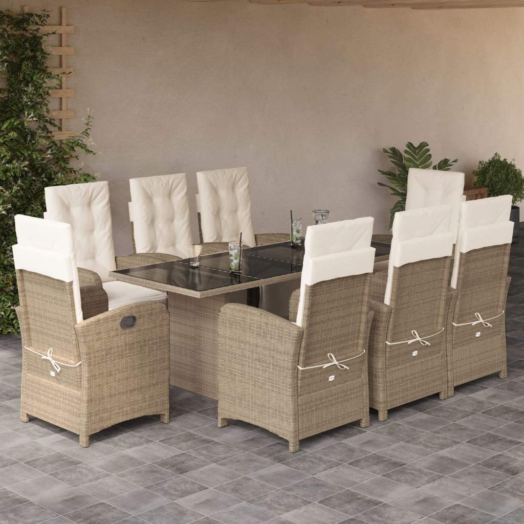 Vetonek Set comedor de jardín 9 pzas con cojines ratán sintético beige