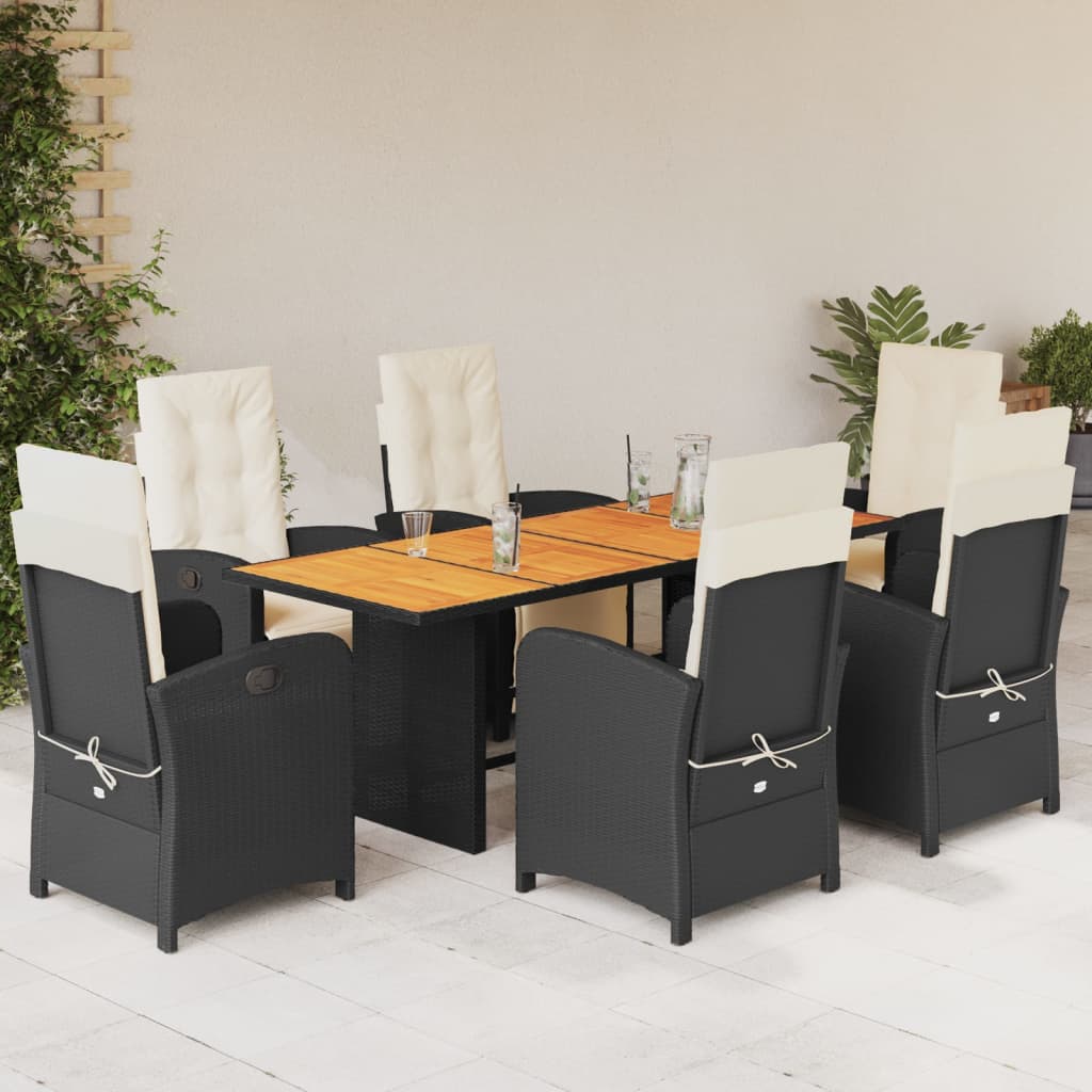 Vetonek Set de comedor de jardín 7 pzas y cojines ratán sintético negro