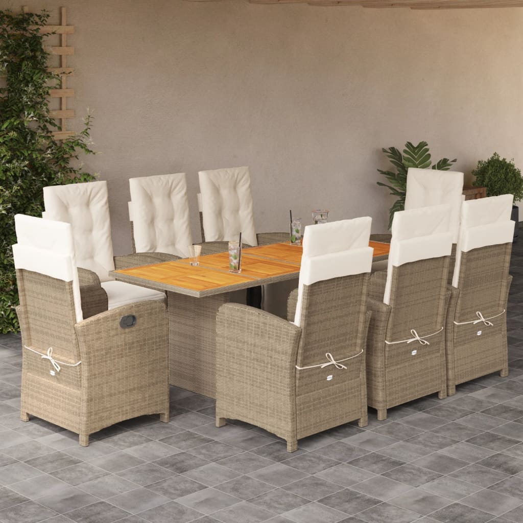 Vetonek Set comedor de jardín 9 pzas con cojines ratán sintético beige