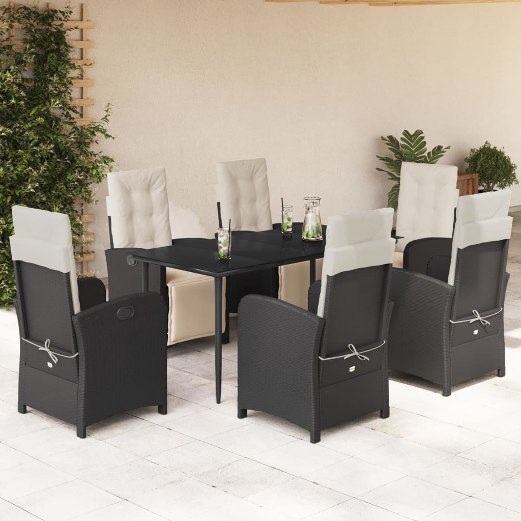 Vetonek Set de comedor de jardín 7 pzas y cojines ratán sintético negro