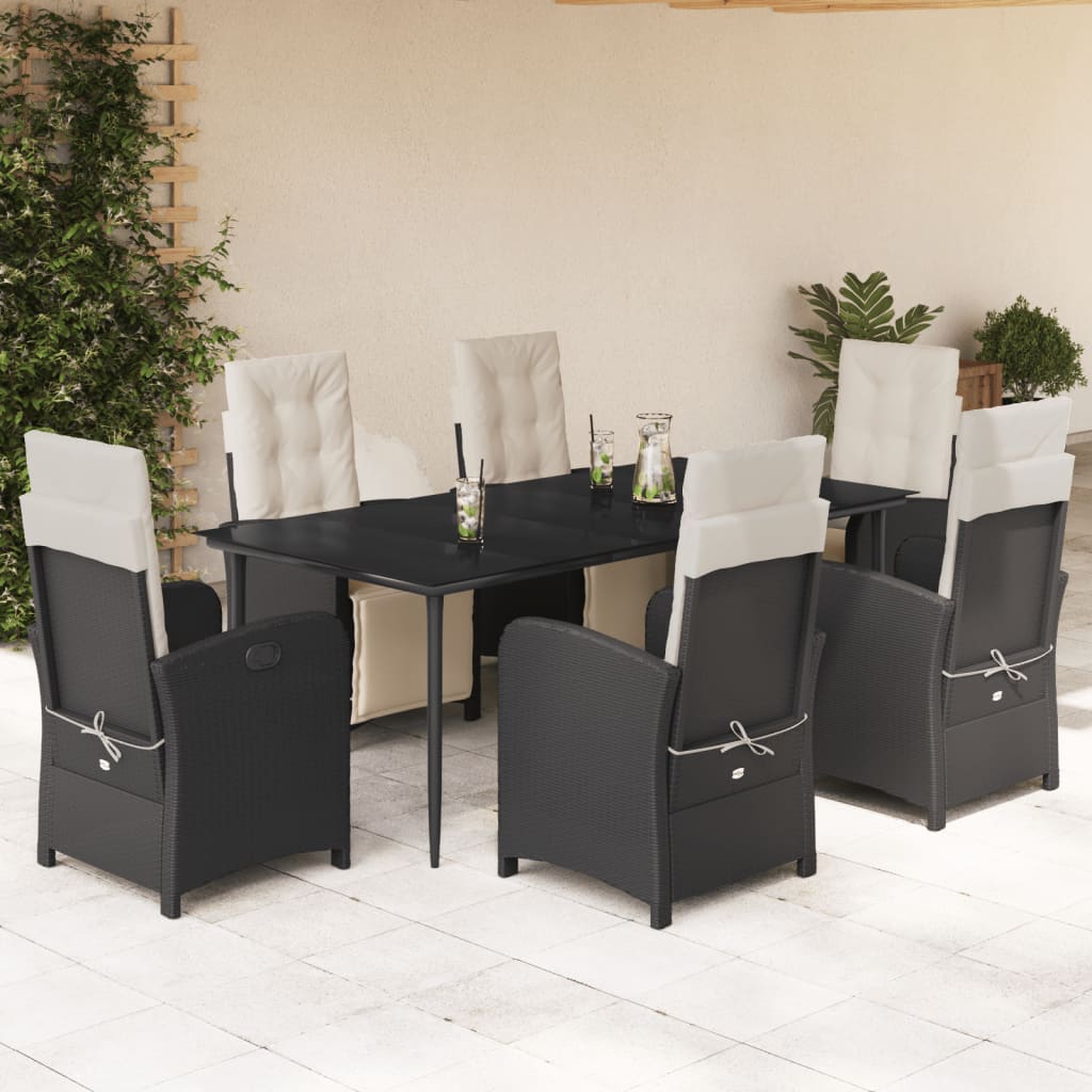 Vetonek Set de comedor de jardín 7 pzas y cojines ratán sintético negro