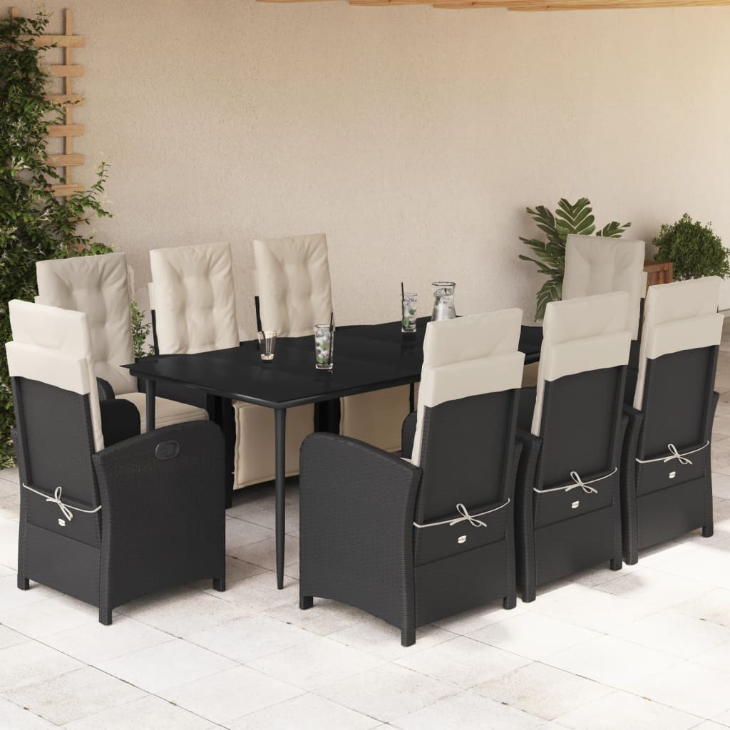 Vetonek Set de comedor de jardín 9 pzas y cojines ratán sintético negro