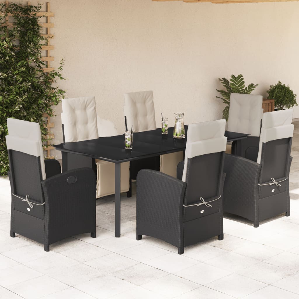 Vetonek Set de comedor de jardín 7 pzas y cojines ratán sintético negro