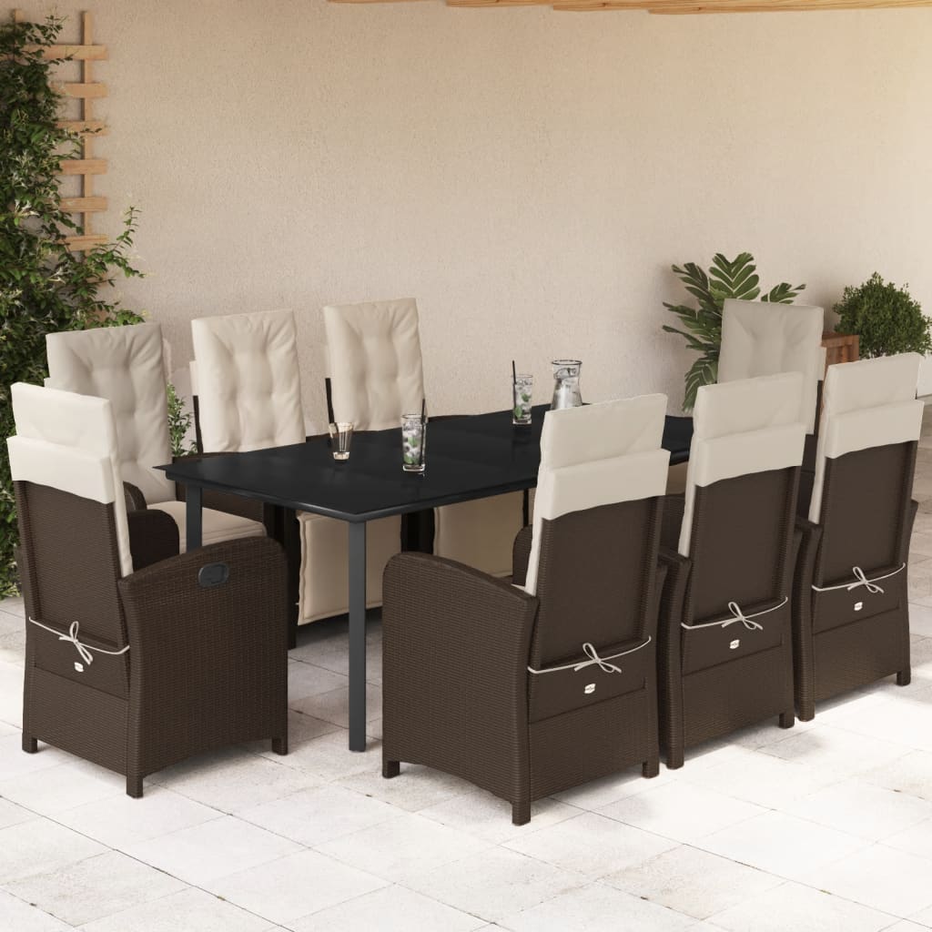 Vetonek Set comedor para jardín 9 pzas y cojines ratán sintético marrón