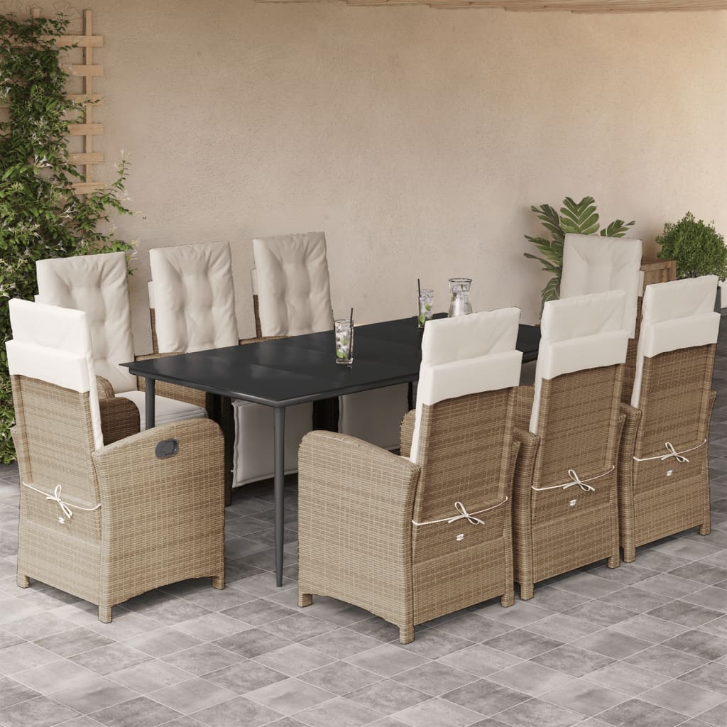 Vetonek Set comedor de jardín 9 pzas con cojines ratán sintético beige