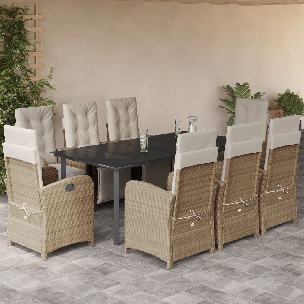 Vetonek Set comedor de jardín 9 pzas con cojines ratán sintético beige