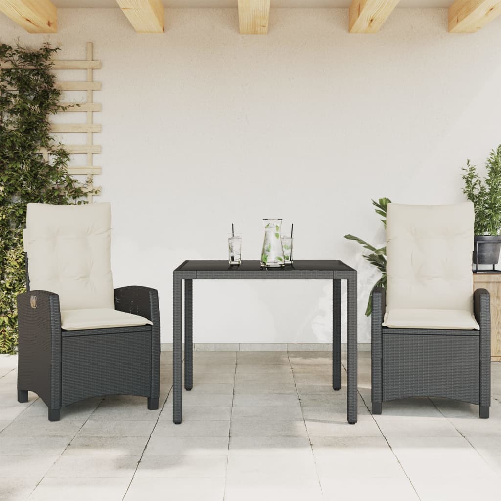 Vetonek Set comedor de jardín 3 pzas con cojines ratán sintético negro