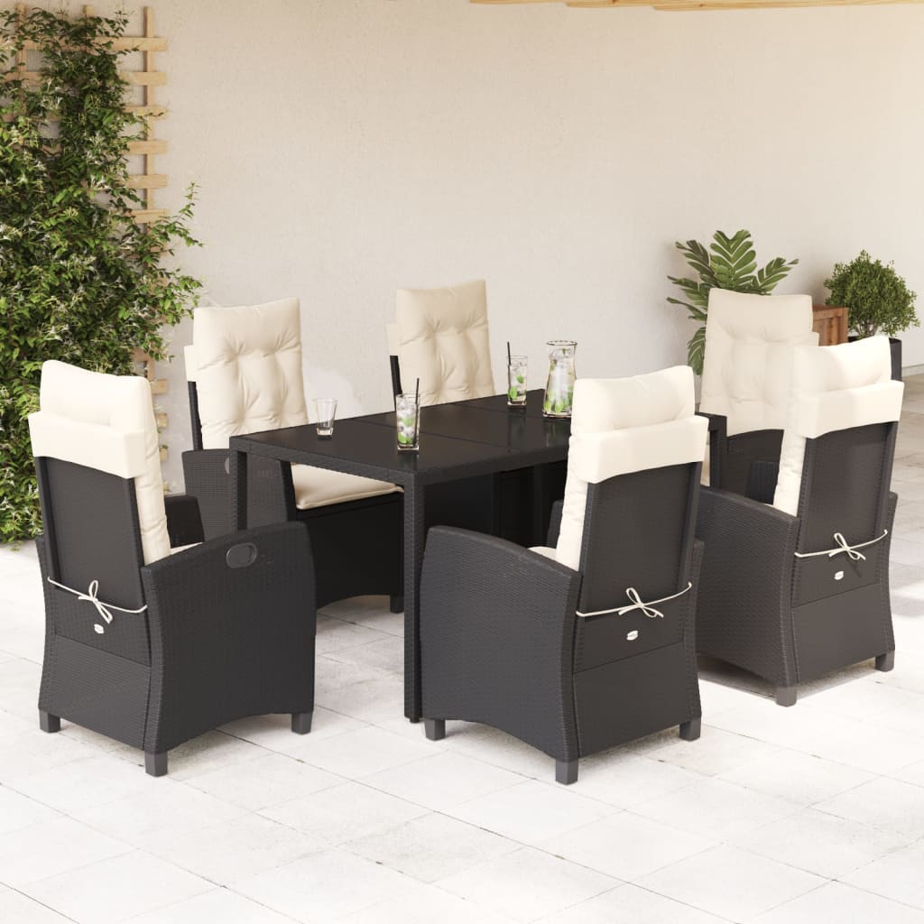 Vetonek Set de comedor de jardín 7 pzas y cojines ratán sintético negro