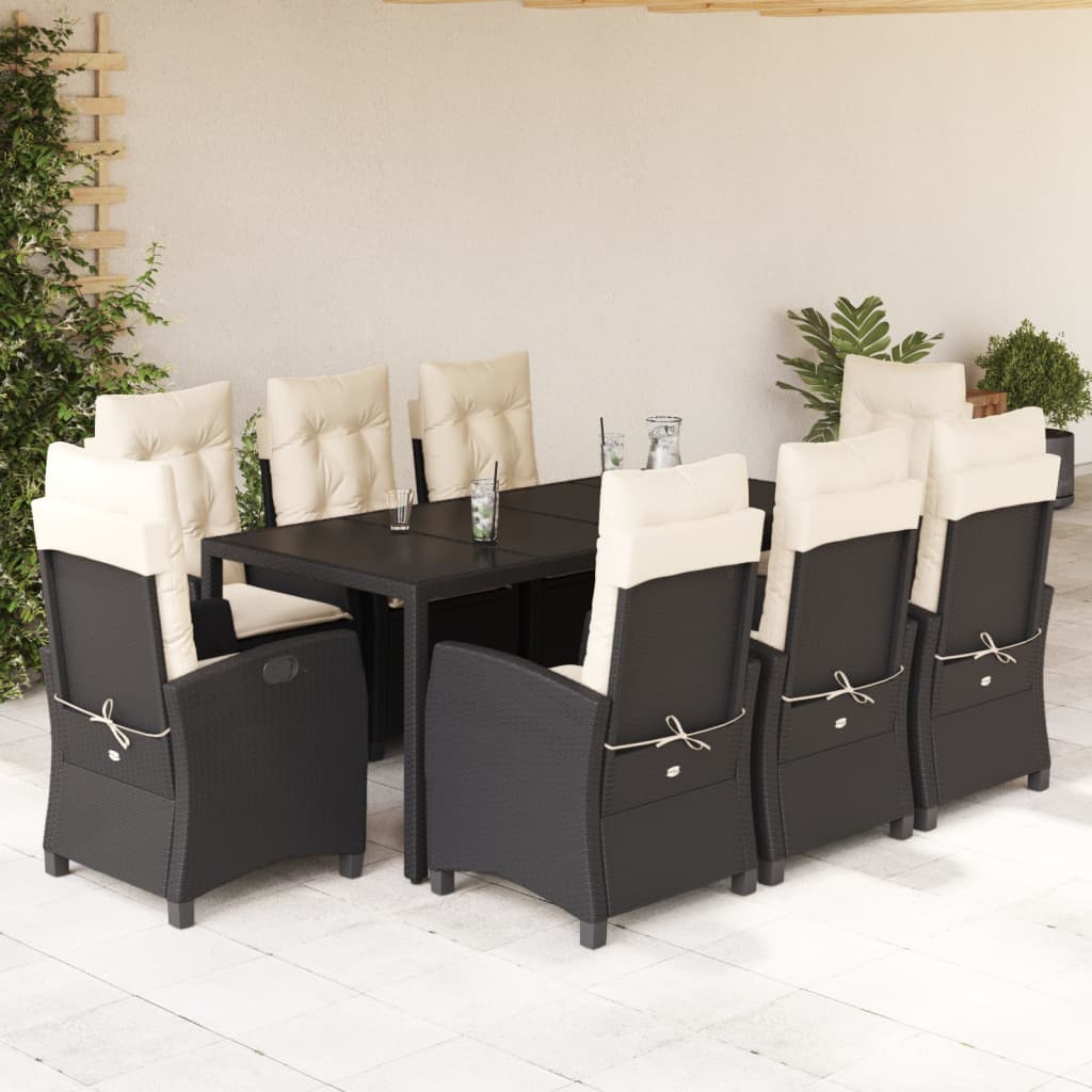 Vetonek Set de comedor de jardín 9 pzas y cojines ratán sintético negro