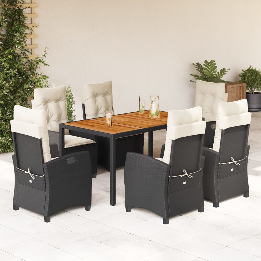 Vetonek Set de comedor de jardín 7 pzas y cojines ratán sintético negro