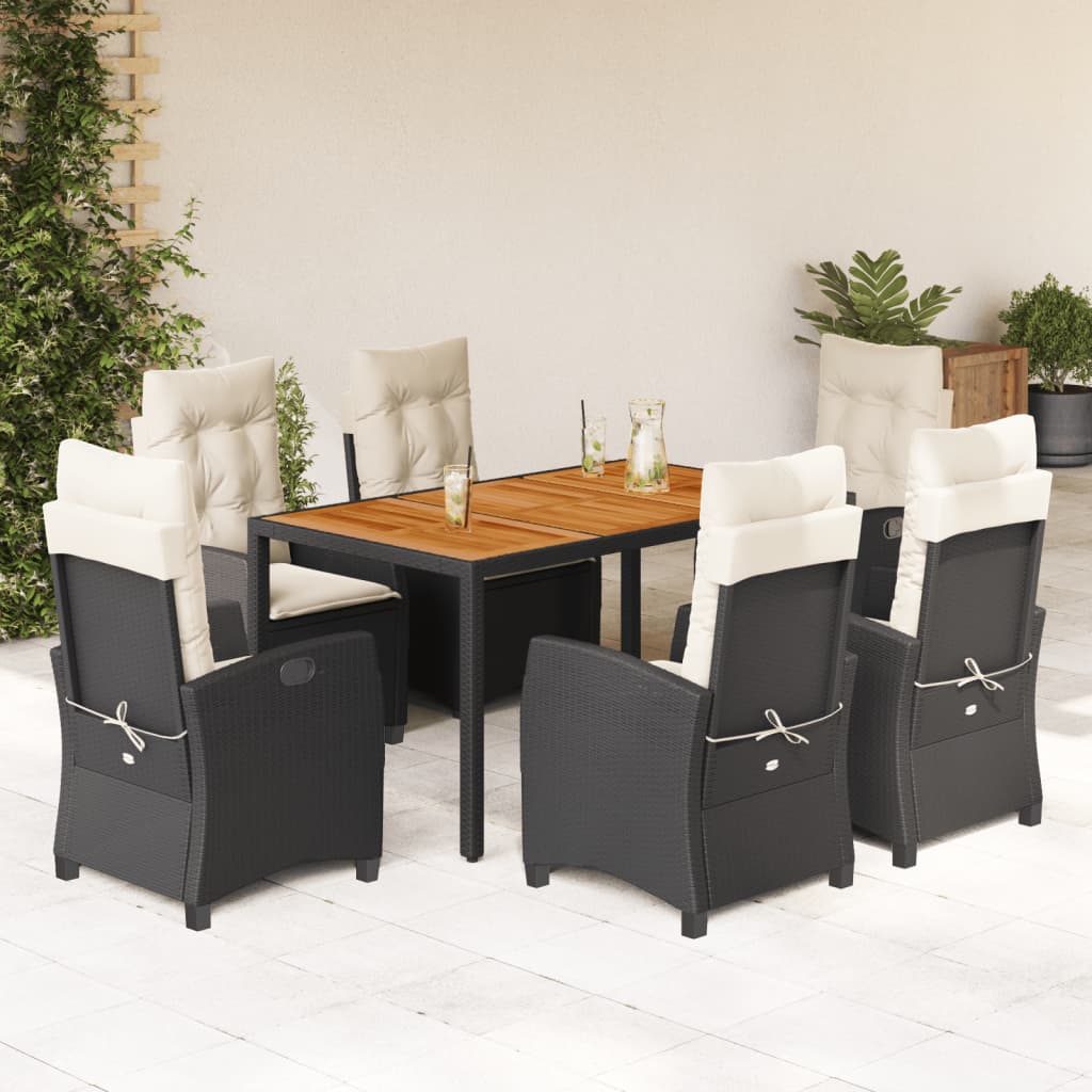 Vetonek Set de comedor de jardín 7 pzas y cojines ratán sintético negro