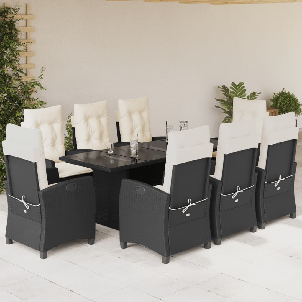 Vetonek Set de comedor de jardín 9 pzas y cojines ratán sintético negro