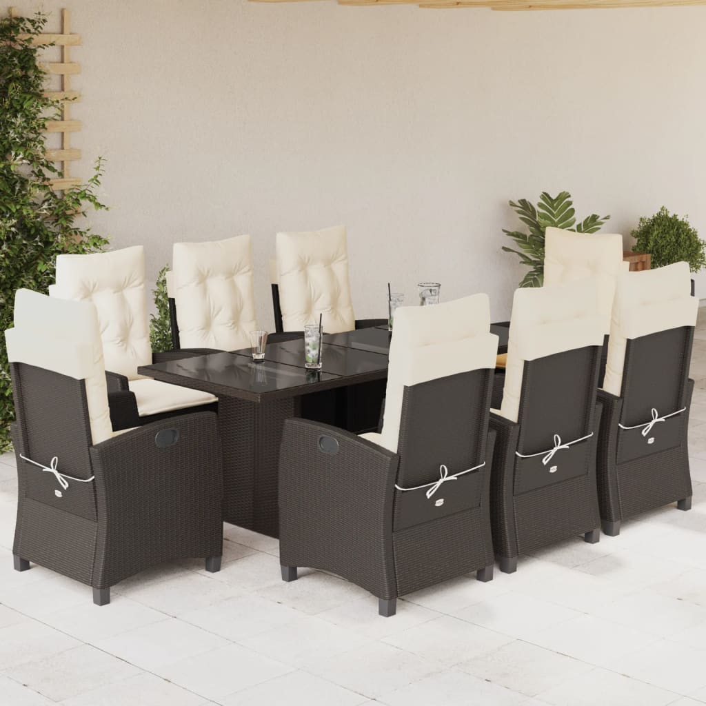 Vetonek Set comedor para jardín 9 pzas y cojines ratán sintético marrón