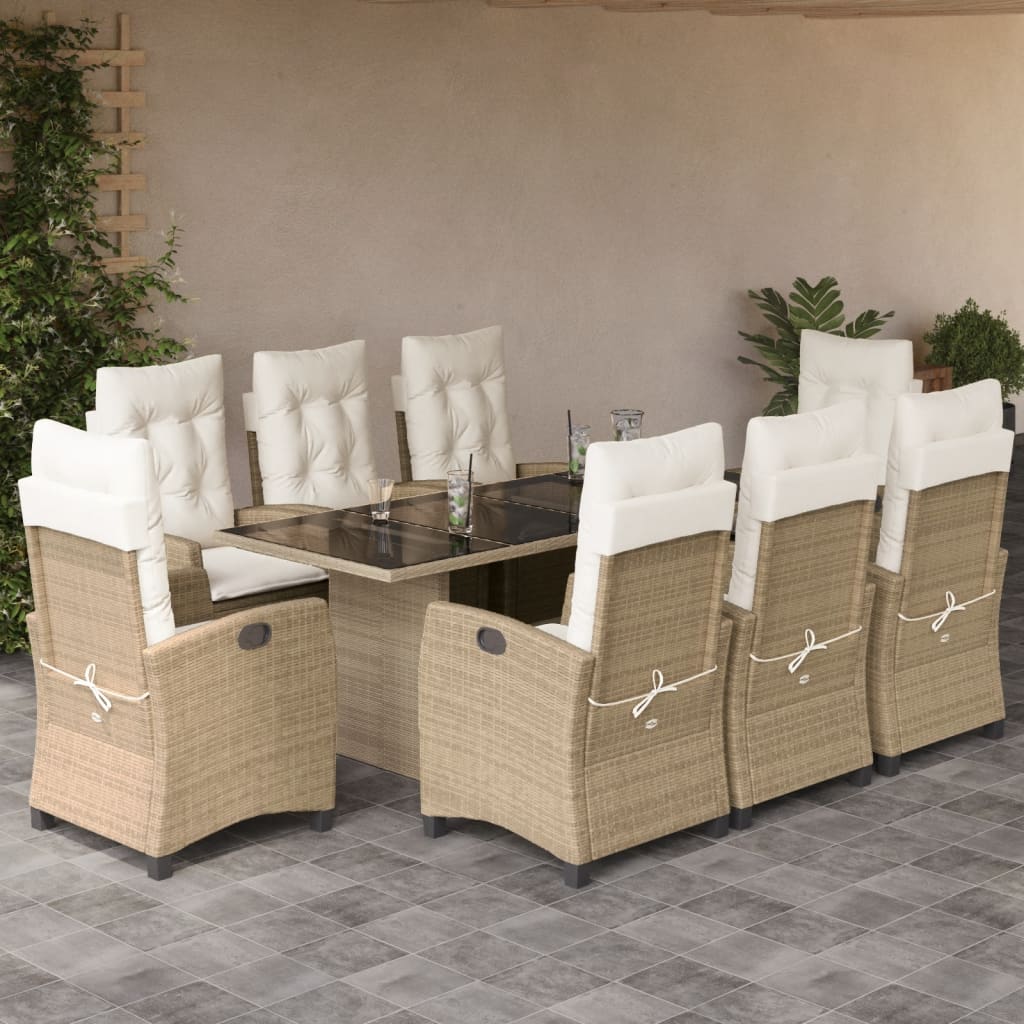 Vetonek Set comedor de jardín 9 pzas con cojines ratán sintético beige