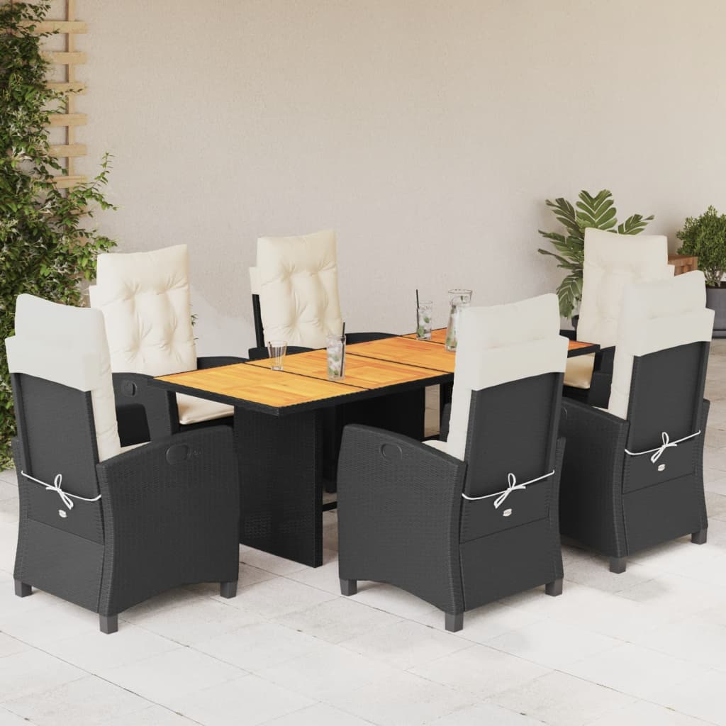 Vetonek Set de comedor de jardín 7 pzas y cojines ratán sintético negro